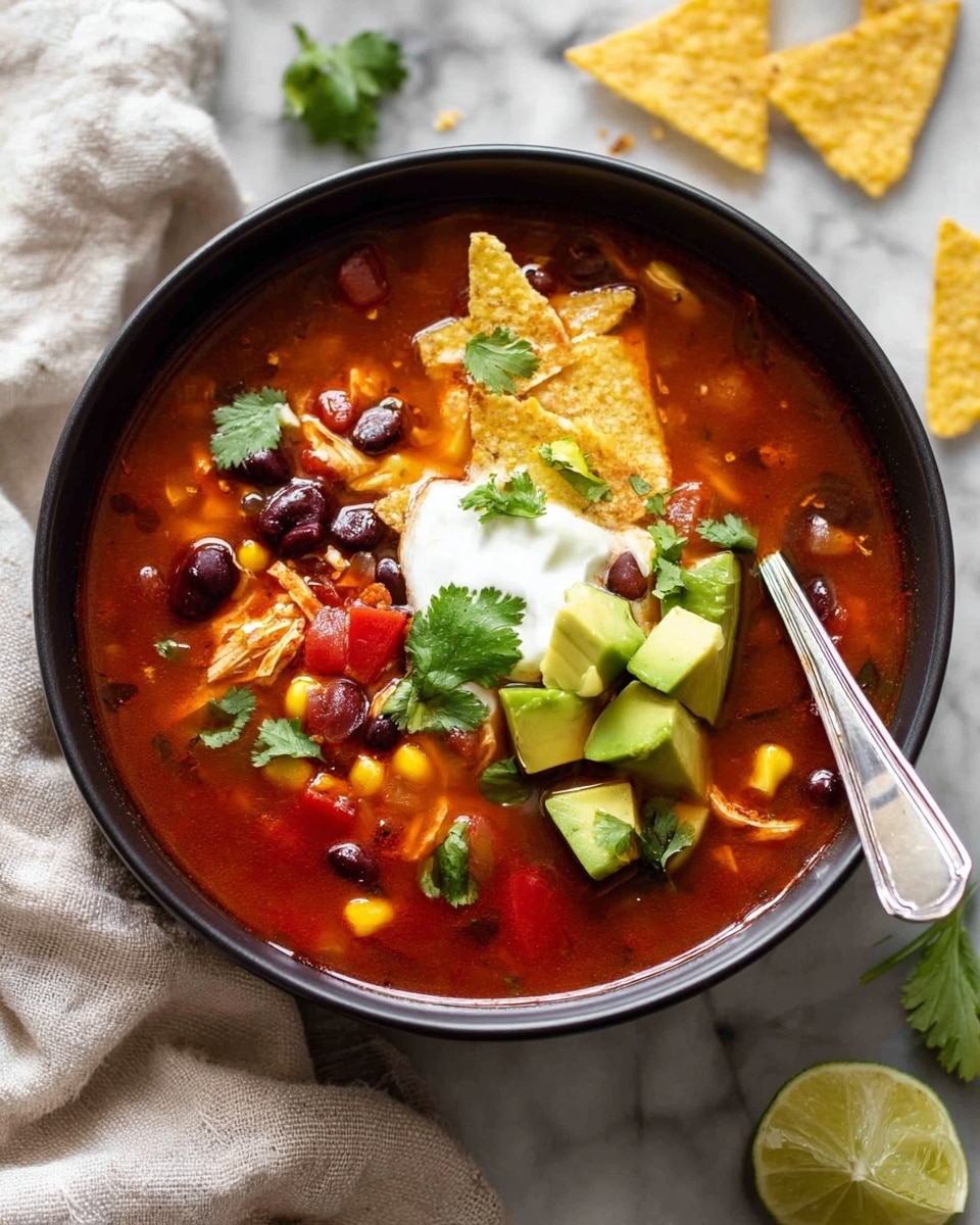 A black bowl filled with a deep red soup containing shredded light brown chicken, black beans, yellow corn, and small red pepper pieces. On top there are several chunks of green avocado, a dollop of white sour cream in the middle, some green cilantro leaves scattered, and small broken pieces of yellow tortilla chips. The bowl is placed on a white marbled surface with a silver spoon inside the bowl on the right side. Around the bowl, there are a few whole and broken yellow tortilla chips and a lime wedge near the bottom edge of the image. A soft white cloth is partially visible in the background. Photo taken with an iphone --ar 4:5 --v 7
