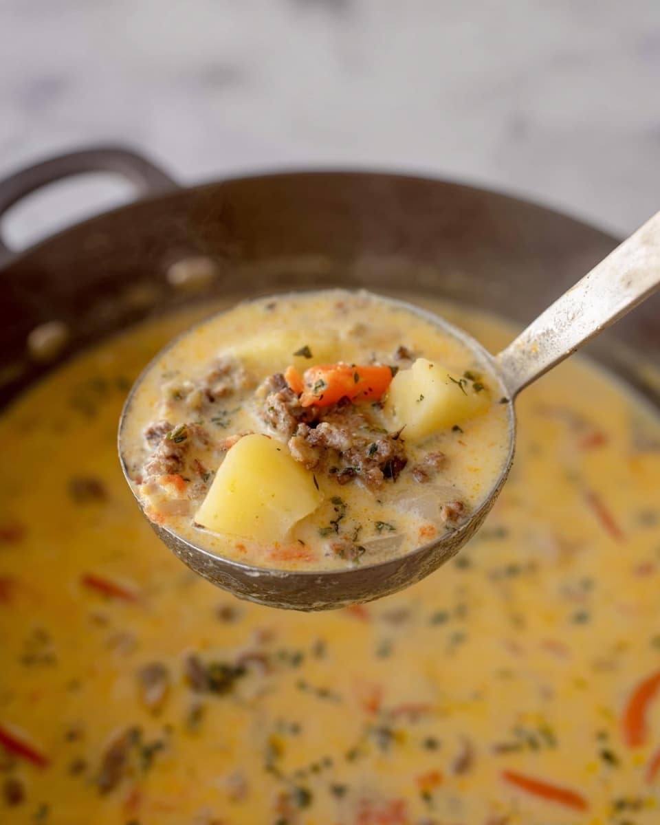 A metal ladle is filled with thick, creamy soup showing a rich mix of ingredients. In the ladle, there are chunks of light yellow potatoes, small pieces of browned meat, and thin orange strips of carrot. The creamy soup broth is light beige with small specks of herbs and seasoning visible throughout. The ladle is held above a large pot of the same soup, with steam rising gently. The background surface has a white marbled texture. photo taken with an iphone --ar 4:5 --v 7