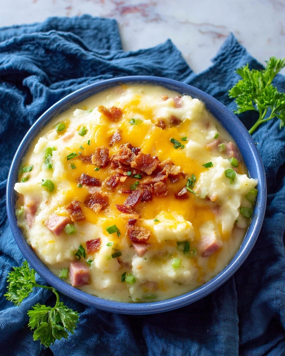 A white bowl holds creamy mashed potatoes mixed with small green celery pieces and topped with shredded melted cheddar cheese and crispy bacon bits in the center, with some green herbs on the side. A spoon lifts up a spoonful showing the creamy texture, bits of cheese, and bacon clearly. The bowl rests on a dark blue cloth on a white marbled surface. Photo taken with an iphone --ar 4:5 --v 7
