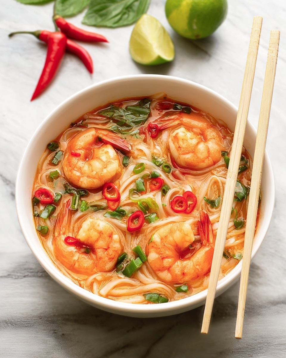 A white bowl filled with a soup containing orange-red creamy broth, five large orange shrimp floating on top, thin white noodles beneath, and scattered chopped red chili slices and green onion rings throughout. Small green herbs and diced red peppers add more color. Two light wooden chopsticks rest on the right edge of the bowl. The bowl sits on a wooden surface with some chili peppers and green onion pieces around it. photo taken with an iphone --ar 4:5 --v 7