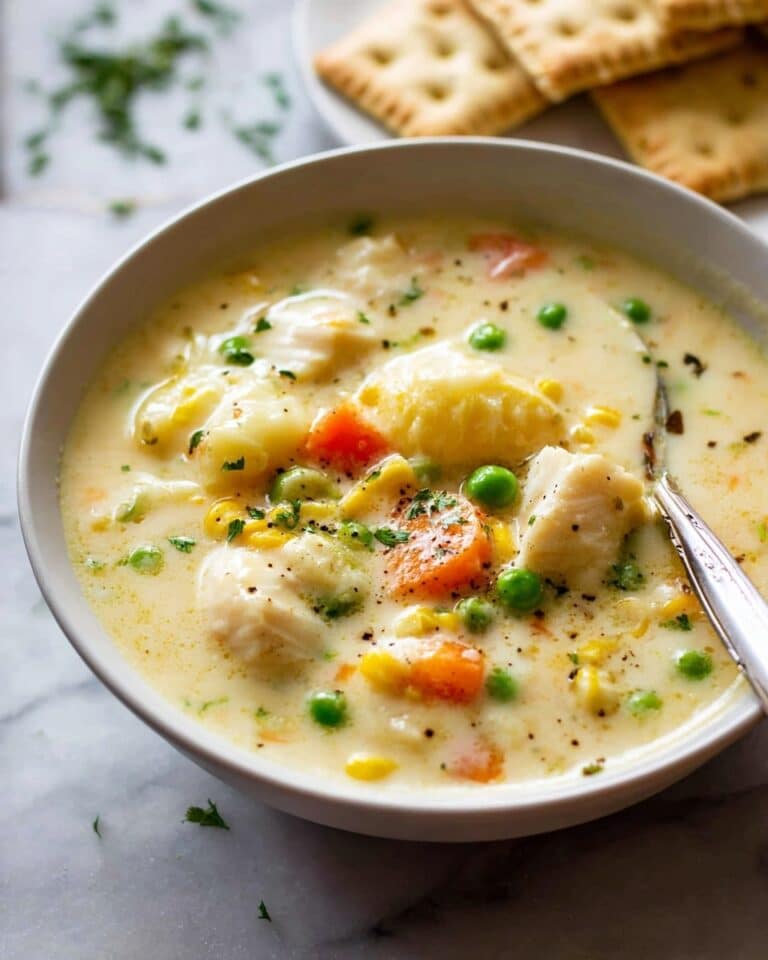 Creamy Fish Chowder Soup with Potatoes, Corn, and Peas Recipe