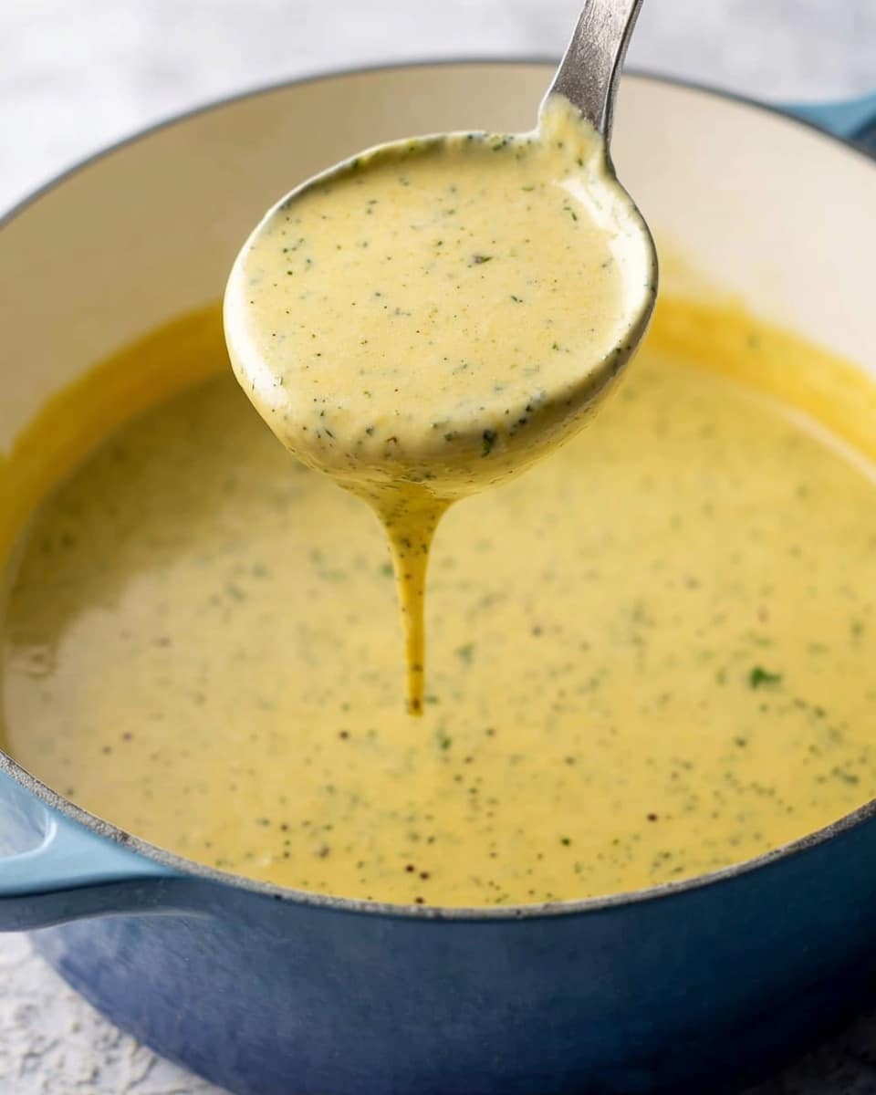 A pot filled with creamy yellow sauce speckled with small black and green herbs. A metal ladle lifts some thick sauce above the smooth surface, showing its rich, velvety texture. The pot has a white marbled interior and a blue outer side. The background and base have a white marbled texture. Photo taken with an iphone --ar 4:5 --v 7