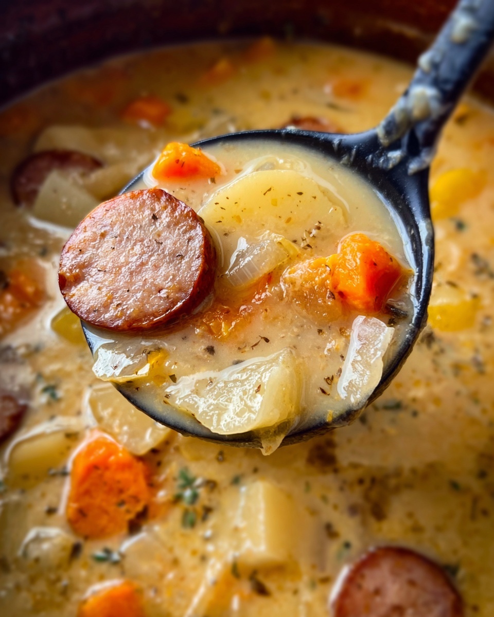 A close-up view of a black ladle holding a thick soup with creamy, light yellow broth, visible chunks of orange carrot pieces, light beige potato slices, and round slices of browned sausage with a smooth texture; the soup is thick with small bits of onion and herbs scattered throughout, the background shows more of the same soup with similar ingredients in a white marbled texture, photo taken with an iphone --ar 4:5 --v 7