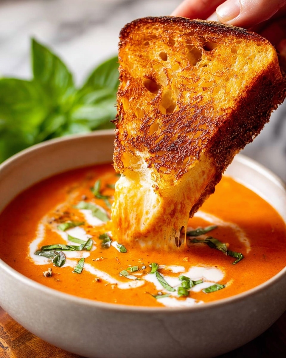 A woman's hand holds a triangle slice of golden toasted bread with a crispy texture and uneven holes, dipping it into a bowl of creamy orange tomato soup with white cream swirls and green herb pieces floating on top. The toasted bread has melted cheese that appears soft and slightly stringy at the edge touching the soup. The bowl is white with a subtle matte finish, sitting on a white marbled surface with some fresh green basil leaves placed behind the bowl. Photo taken with an iphone --ar 4:5 --v 7