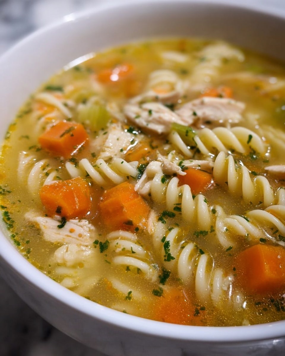 The image shows a close-up of a bowl filled with chicken noodle soup. The white bowl contains a clear broth with visible spiral pasta, orange carrot chunks, small pieces of celery, and shredded chicken. There are small green herbs sprinkled throughout the soup. The surface where the bowl sits is a white marbled texture. photo taken with an iphone --ar 4:5 --v 7