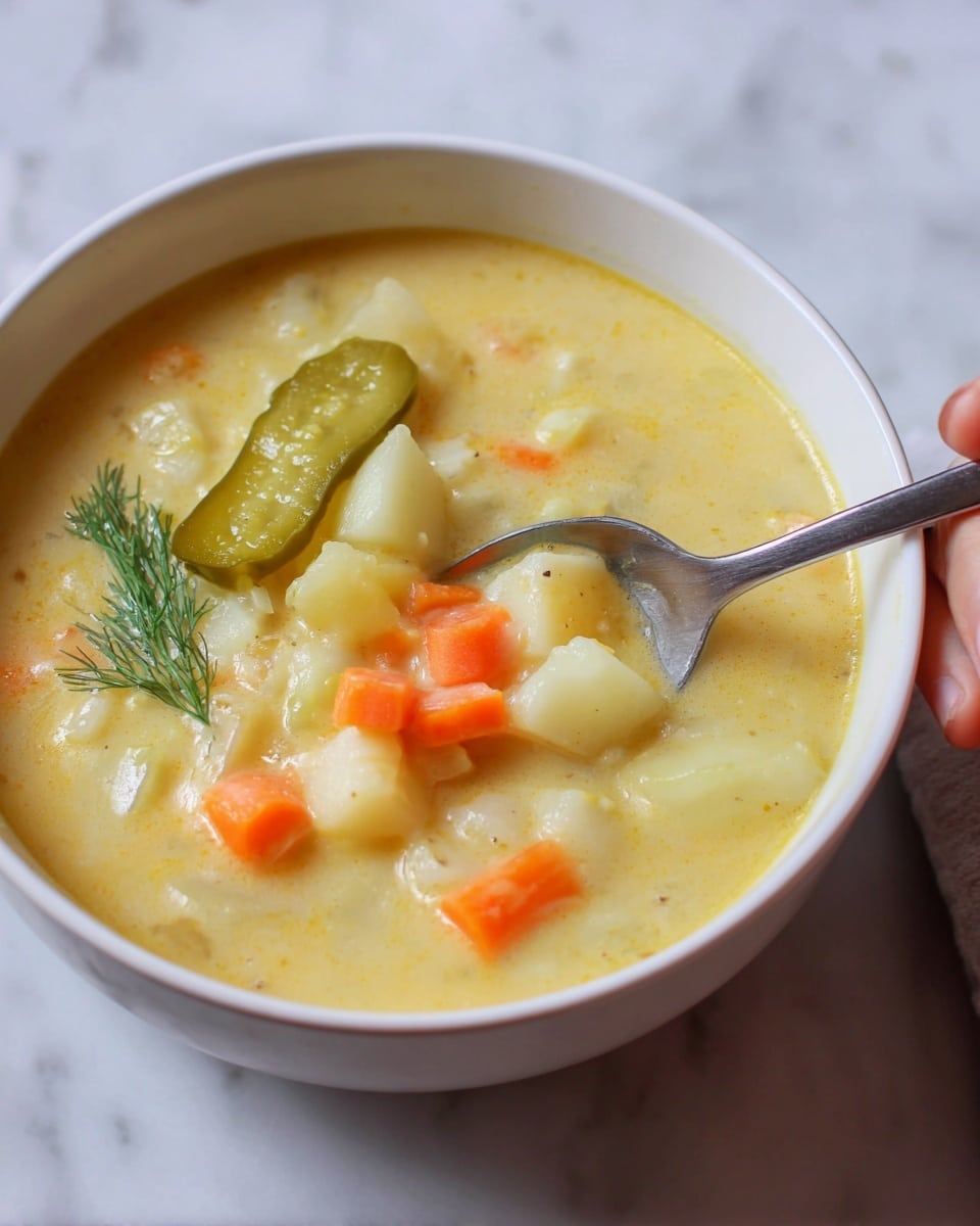 The image shows a white bowl filled with creamy yellow soup that has a thick texture. Inside the soup, there are visible small chunks of white potatoes and bright orange carrots, floating evenly across the surface. On one side of the bowl near the edge, there is a green pickle slice topped with a small sprig of fresh dill. A metal spoon is partially dipped into the soup, held by a woman's hand, with the spoon's bowl resting inside the soup near the diced vegetables. The bowl sits on a surface with a white marbled texture, creating a clean and simple background. photo taken with an iphone --ar 4:5 --v 7