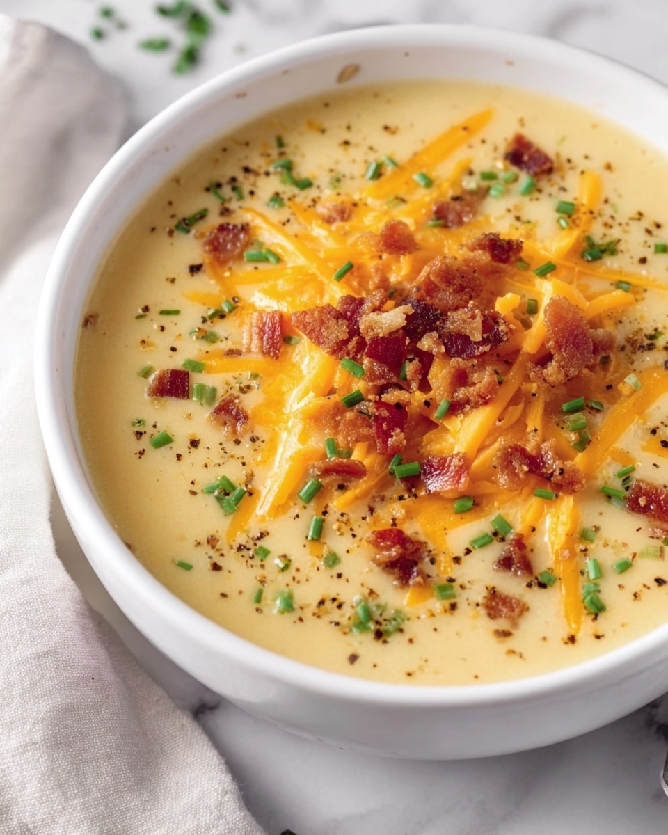 A white bowl filled with smooth, creamy light yellow soup. On top, there is a layer of shredded bright orange cheddar cheese, scattered with small pieces of crispy brown bacon. Tiny green chive bits are sprinkled all over, along with a few specks of black pepper. The bowl sits on a white marbled surface with a soft cloth napkin nearby. photo taken with an iphone --ar 4:5 --v 7