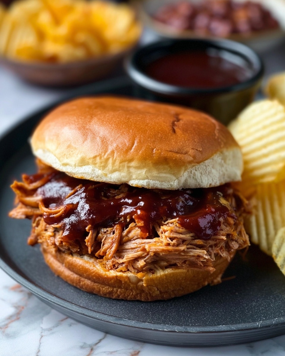 A sandwich with two soft golden brown buns forms the top and bottom layers. Inside, there is a thick layer of pulled shredded meat mixed with dark reddish-brown barbecue sauce that looks shiny and sticky. The sandwich sits on a dark plate with some beige ridged potato chips in the background along with some baked beans and a small black cup of dark red sauce. The setting has a white marbled texture surface. Photo taken with an iphone --ar 4:5 --v 7