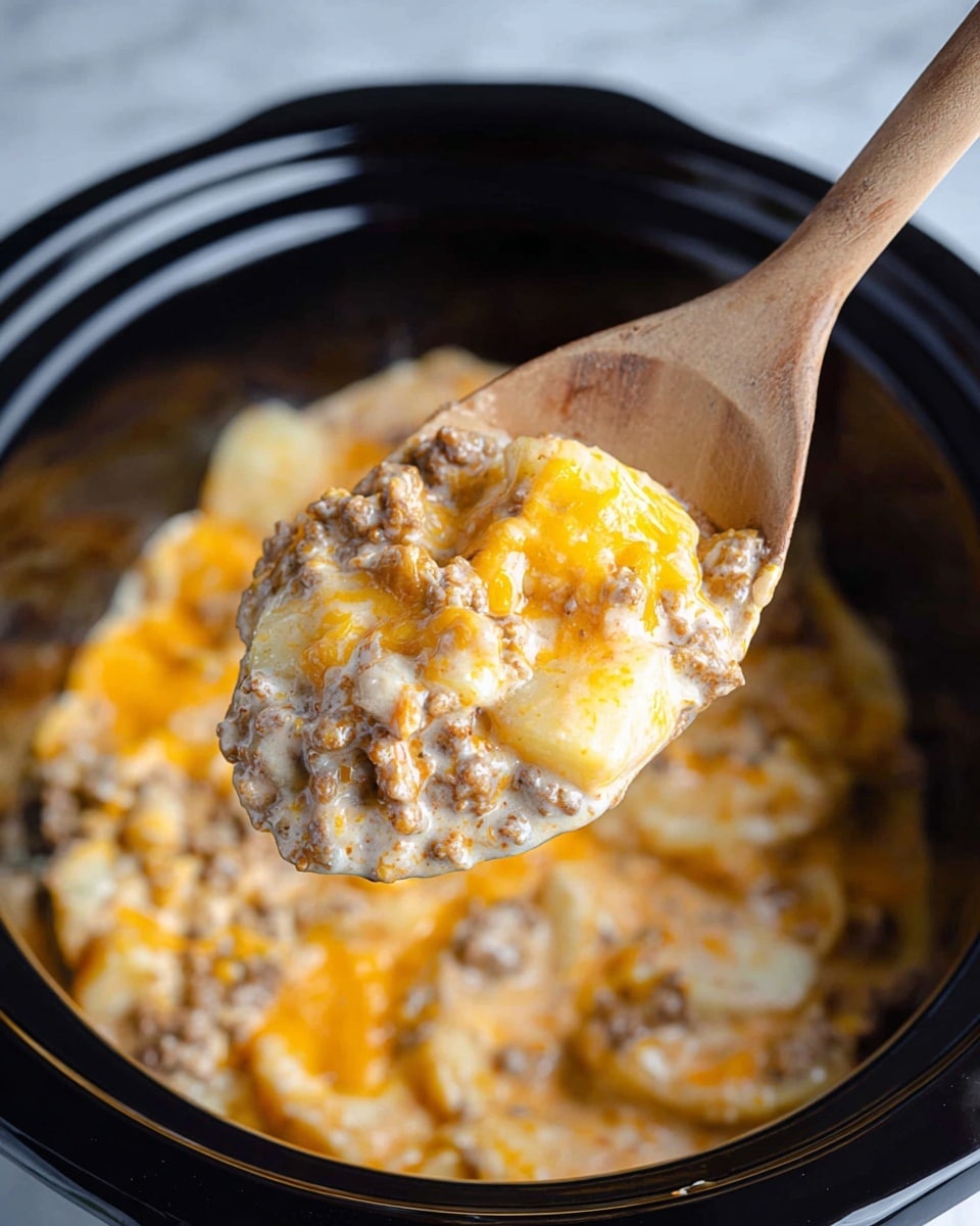 A wooden spoon holds a thick, creamy mixture showing three main layers: light brown ground meat with a crumbly texture at the bottom, soft pale yellow potato slices mixed in, and melted bright orange-yellow cheese drizzled unevenly on top. The spoon is lifted over a black slow cooker filled with the same creamy mixture, blurred in the background. The overall colors are warm shades of brown, yellow, and orange, with a glossy, smooth texture. The scene is set on a white marbled surface. Photo taken with an iphone --ar 4:5 --v 7