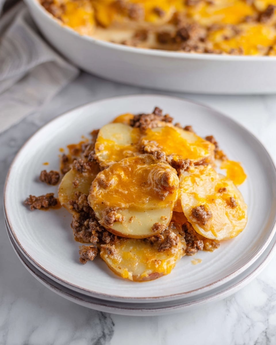 The dish shows slices of cooked potatoes layered on a white plate with three distinct potato slices visible, each partially covered with a mix of ground meat and melted orange cheese. The meat sauce is creamy with small meat chunks spread evenly over and between the potato slices, with the cheese melted on top giving a smooth, glossy texture. The plate sits on a white marbled surface with part of a larger dish with the same food blurred in the background. Photo taken with an iphone --ar 4:5 --v 7