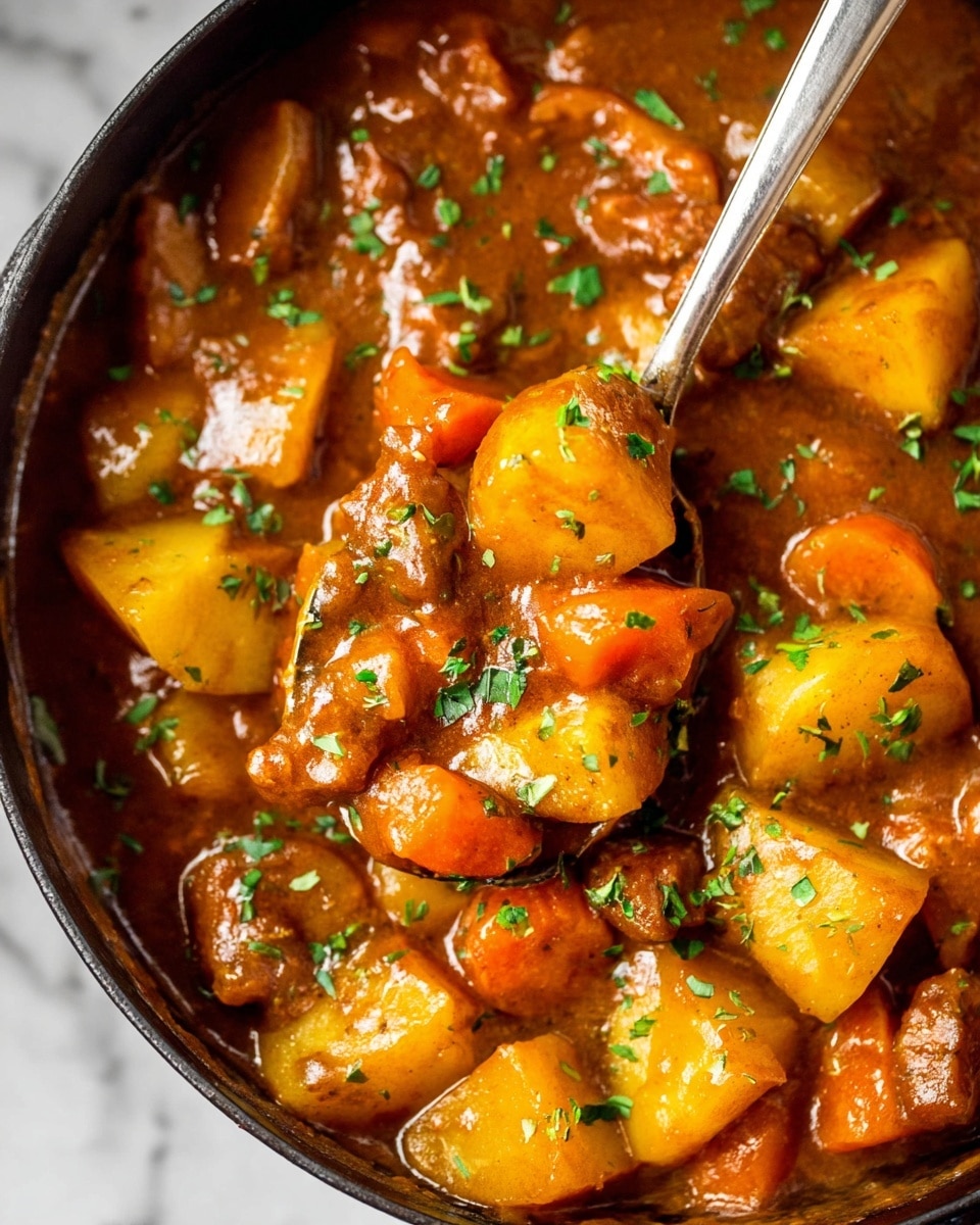 This image shows a thick stew with large chunks of golden-yellow potatoes and bright orange carrot pieces mixed in a rich brown sauce. The sauce looks smooth and shiny, covering the vegetables well. Small bits of green herbs are sprinkled over the stew, adding a fresh touch of color. A metal spoon is scooping some of the stew from the white marbled background, showing the hearty texture of the dish. Photo taken with an iphone --ar 4:5 --v 7