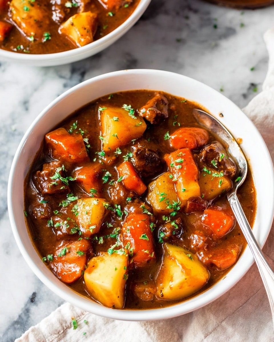 The image shows a white bowl filled with thick, brown stew with visible chunks of orange carrots, light yellow potato pieces, and dark brown meat pieces mixed in a rich sauce. The stew is garnished with finely chopped green herbs on top, adding a pop of color. A silver spoon is placed inside the bowl, resting against the side. The bowl sits on a white marbled surface with a light-colored cloth nearby. Another similar bowl with the same stew appears partially visible in the background. photo taken with an iphone --ar 4:5 --v 7