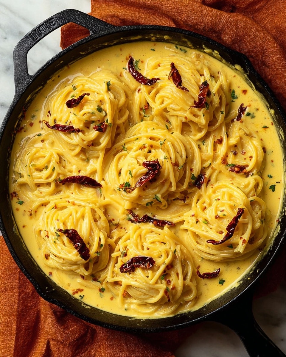 A black skillet filled with creamy orange-yellow pasta sauce, thickly coating long noodles that are twisted and swirling together. Small dried dark red chili peppers are scattered evenly on top, and sprinkled herbs and black pepper flakes are visible throughout the sauce. A gold and black fork lifts a twisted cluster of the noodles from the skillet, capturing the smooth and rich texture of the sauce. The skillet sits on a white marbled surface, with a brown cloth partially visible nearby. Photo taken with an iphone --ar 4:5 --v 7