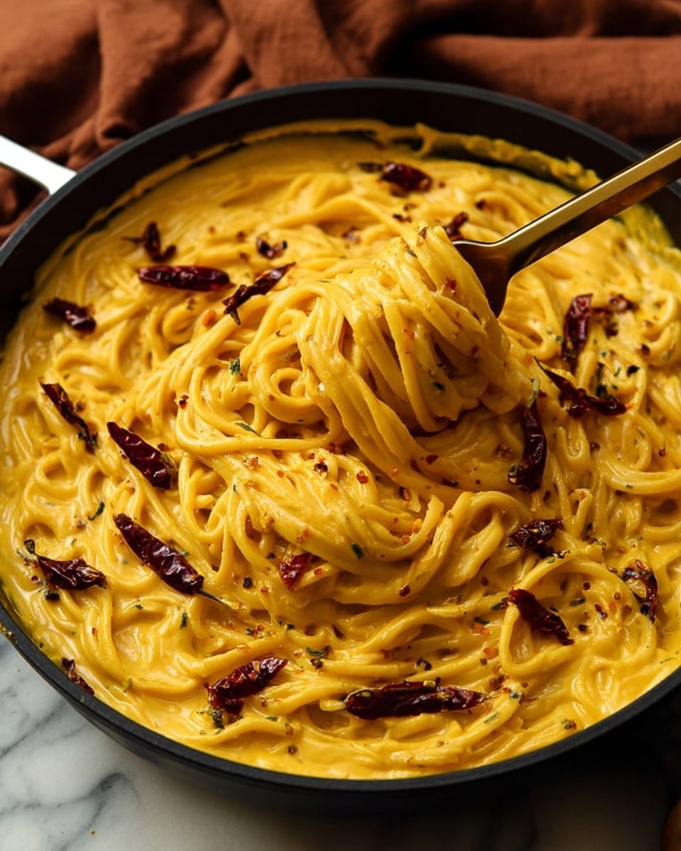 A black cast iron pan filled with creamy yellow pasta sauce covering several nests of thick spaghetti arranged in clusters across the pan. On top of the sauce and pasta, there are small pieces of dried red chili peppers scattered evenly, adding a dark red contrast. The sauce looks smooth and thick, with a few small green herb flakes lightly sprinkled around. The pan is set against a white marbled surface with an orange cloth partially visible on the side. Photo taken with an iphone --ar 4:5 --v 7