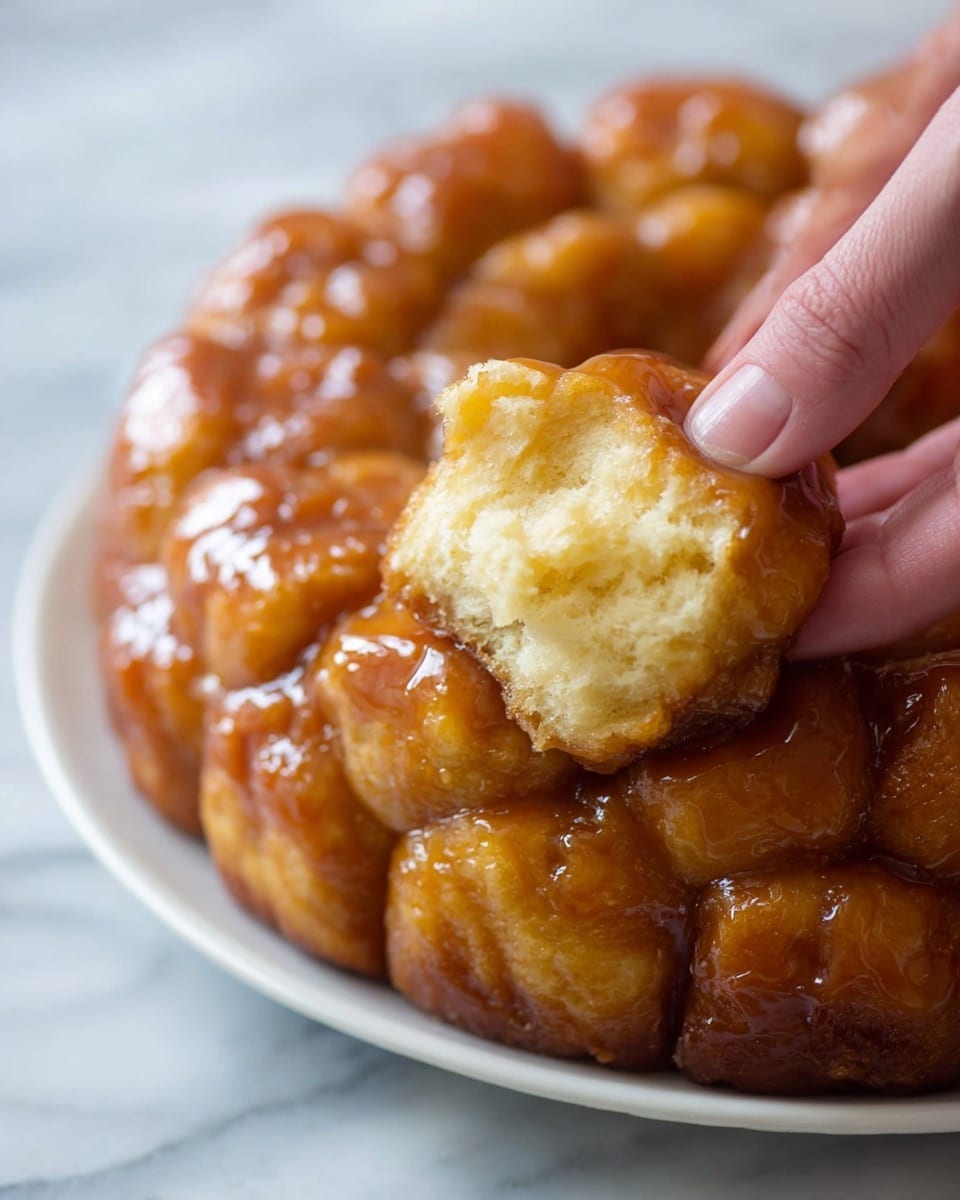 A close-up view of a round monkey bread with multiple golden-brown dough pieces stuck together, each piece covered with a shiny caramel glaze that gives the bread a glossy look. A woman's hand is pulling one soft, fluffy dough piece that shows its light and airy inside texture. The monkey bread is placed on a white plate, which rests on a white marbled textured surface. photo taken with an iphone --ar 4:5 --v 7