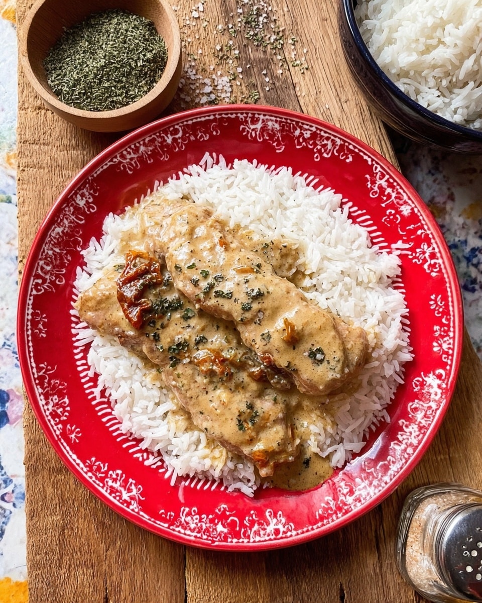 The image shows a white rice bed on a red plate with white decorative patterns along the rim. On top of the rice are two pieces of meat covered with a light brown creamy sauce that has small dark herbs and visible pieces of orange sun-dried tomatoes. The plate is placed on a wooden surface next to a small bowl of dried green herbs and a transparent salt shaker lying on its side with some salt spilled around it. Part of a dark bowl filled with more white rice is seen at the top right corner. The background is a white marbled texture. Photo taken with an iphone --ar 4:5 --v 7