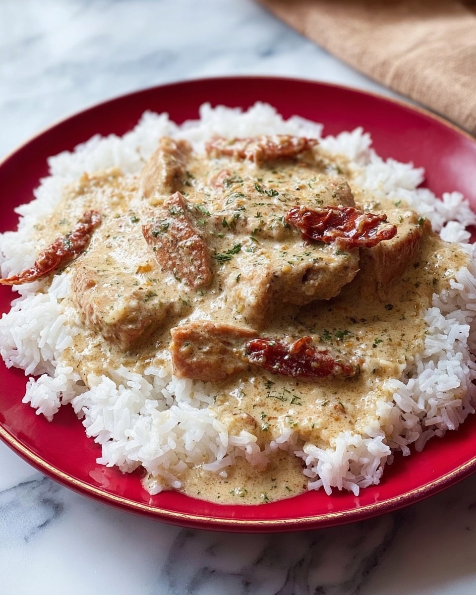 A white plate holds a base layer of fluffy white rice with a soft, grainy texture. On top is a thick, creamy beige sauce with visible bits of herbs sprinkled throughout, giving a green speckled look. Pieces of tender brown meat and some reddish-brown sun-dried tomatoes are embedded in the sauce, creating a layered texture with some chunky and some smooth parts. The white marbled surface beneath the plate adds a clean and elegant feel to the setup. photo taken with an iphone --ar 4:5 --v 7
