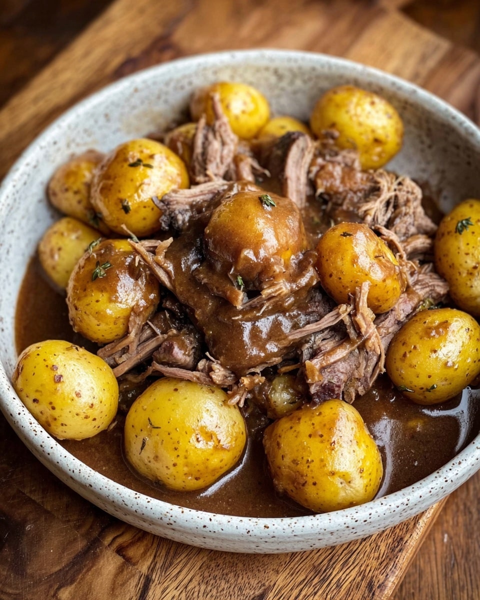 The dish is served in a white, speckled bowl placed on a wooden surface. It has a layer of small, round yellow potatoes scattered throughout. Among the potatoes are pieces of shredded dark brown meat that look soft and tender. A thick, smooth brown gravy covers the meat and potatoes, giving the dish a glossy look. The bowl is full, showing the hearty mix of meat, potatoes, and gravy close up. Photo taken with an iphone --ar 4:5 --v 7