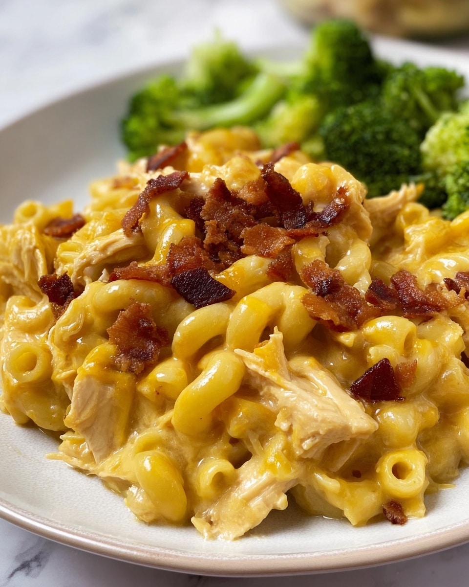 The dish shows one layer of creamy macaroni pasta mixed with shredded light brown chicken pieces, all covered in a shiny, smooth yellow cheese sauce. On top, there is a scattering of crispy dark brown bacon bits evenly spread across the pasta. In the background, on the white plate, there is a portion of bright green broccoli. The plate sits on a white marbled surface. Photo taken with an iphone --ar 4:5 --v 7