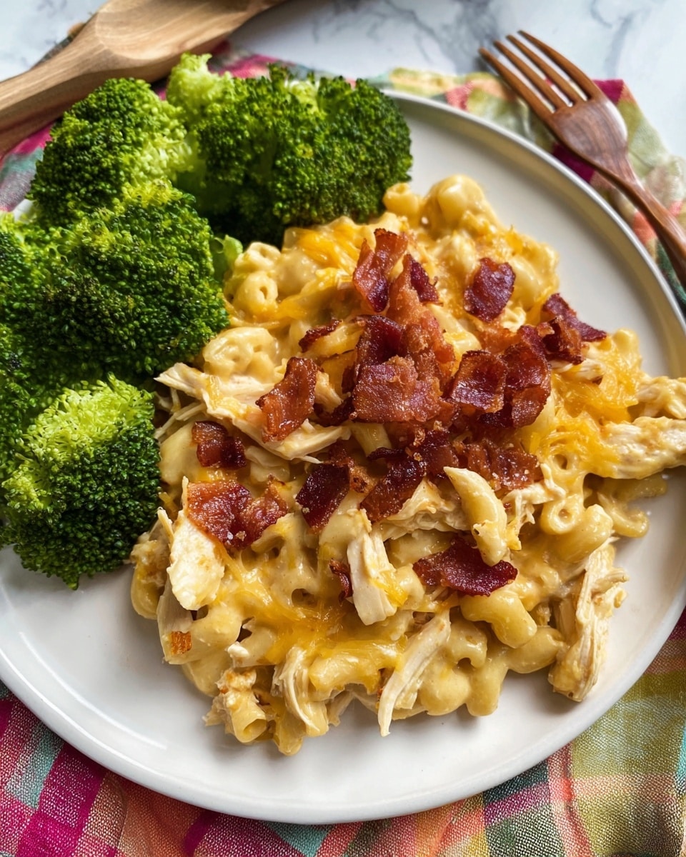 A white plate holds a serving of creamy macaroni and shredded chicken mixed together with a cheesy sauce, topped with crispy pieces of bacon scattered across the top. On one side of the plate, there is a pile of bright green steamed broccoli florets. The plate is set on a white marbled surface with a colorful checked cloth and a wooden spoon and fork nearby. Photo taken with an iphone --ar 4:5 --v 7