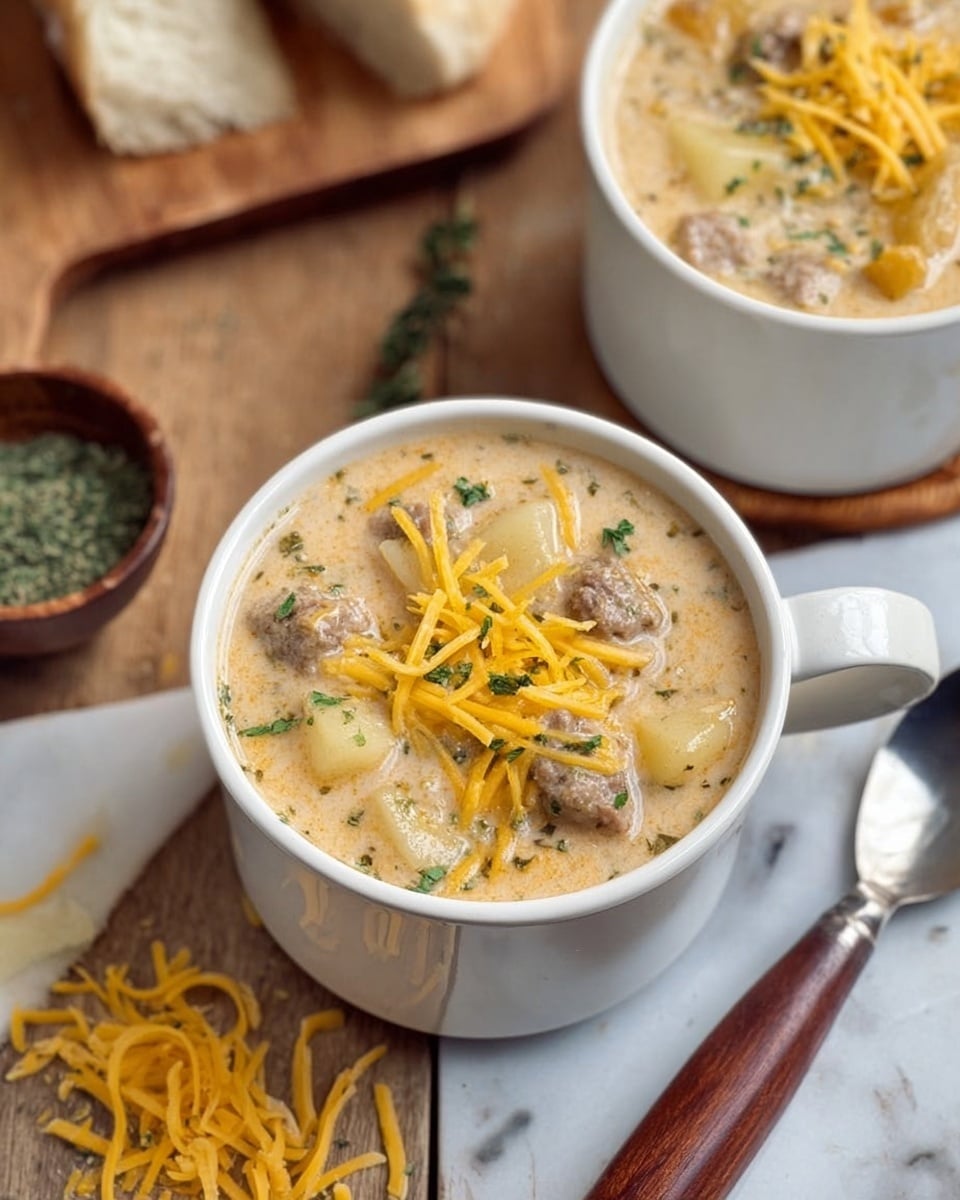 A white mug filled with creamy beige soup showing chunks of light brown meat and small pieces of soft tan potato mixed throughout. The soup is topped with bright yellow shredded cheese and a sprinkle of green herbs. The mug is placed on a wooden table with some shredded cheese scattered nearby and another mug with a similar soup partially visible at the top. A piece of light tan bread rests on a wooden board in the top left corner, along with a small bowl of green dried herbs. A wooden-handled utensil lies next to the mug on a white marbled surface. photo taken with an iphone --ar 4:5 --v 7