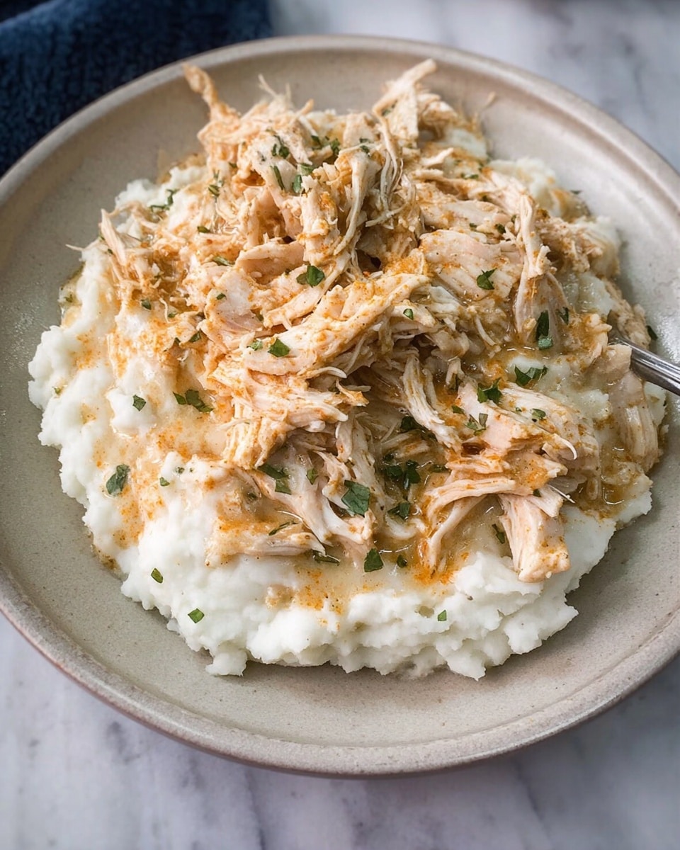 A dish shows two layers on a white plate: the bottom layer is smooth mashed potatoes, creamy white with a soft texture, and the top layer is shredded chicken mixed in a light orange sauce, sprinkled with small green herbs on top. The plate is set on a wooden surface with a woman’s hand holding a spoon and fork beside it, and in the background, there is a stainless steel slow cooker. The scene has a casual homemade feel with a white marbled texture surface visible under the plate. photo taken with an iphone --ar 4:5 --v 7