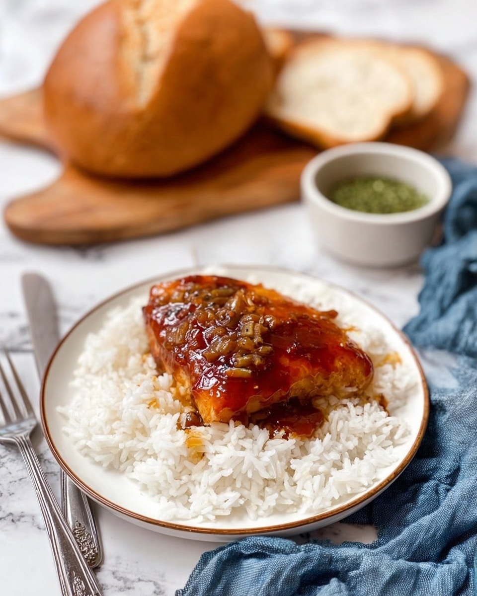 A white plate holds a base layer of plain white rice with a fluffy texture, topped by a single piece of dark brown fish glazed in a shiny reddish-brown sauce with small bits of onions or spices visible. The plate sits on a white marbled surface, accompanied by a large round loaf of brown bread in the background, a small white bowl with green herbs, a silver fork and knife on the left, and a crumpled blue cloth on the right. Photo taken with an iphone --ar 4:5 --v 7