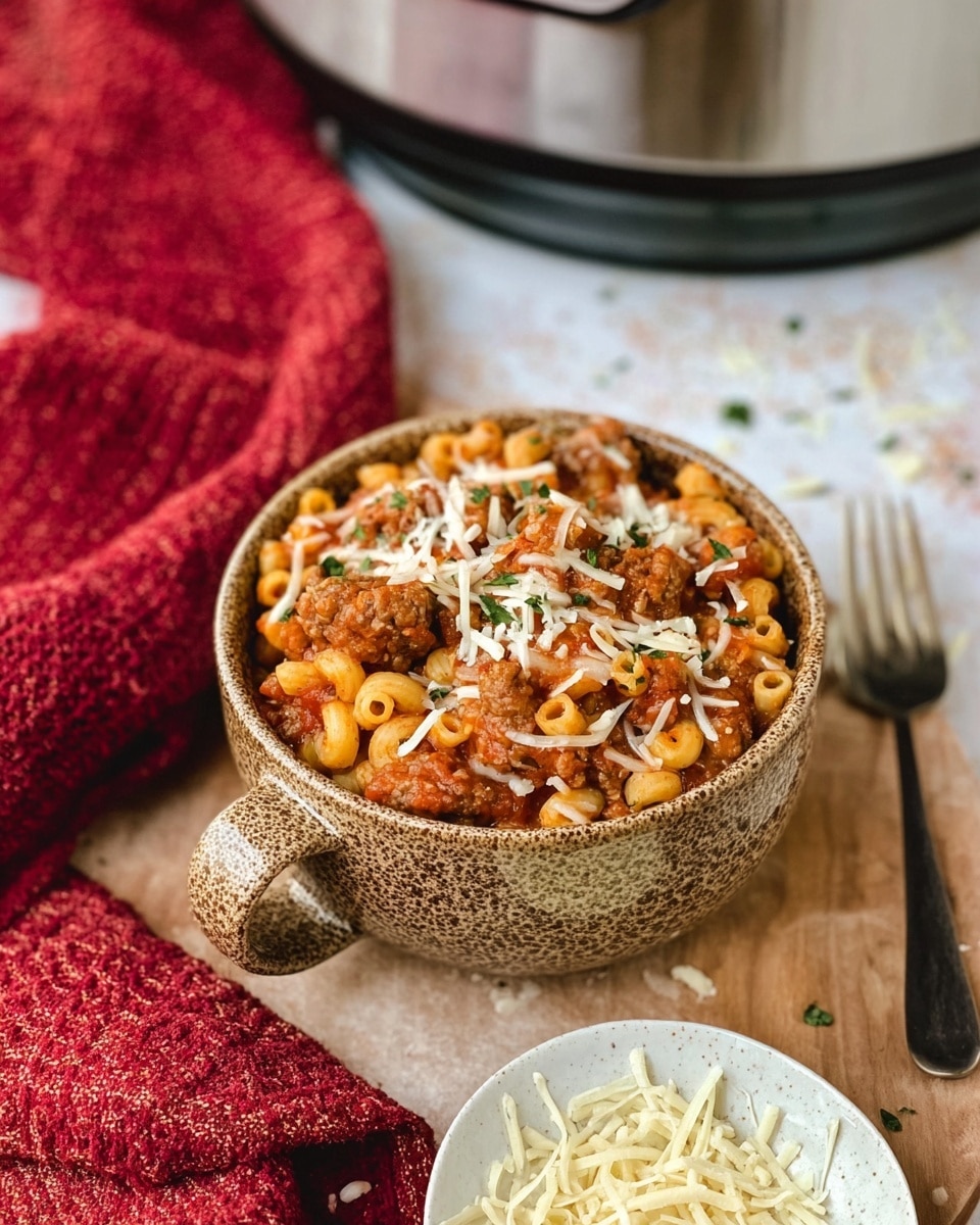 A rustic, speckled brown bowl with a handle is filled with a dish of macaroni pasta and small meat chunks covered in a reddish-brown sauce, topped with white shredded cheese and small sprinkles of green herbs. The bowl sits on a wooden surface next to a small white bowl full of shredded cheese and a silver fork with a dark wooden handle. A red, textured cloth is casually folded in the background near a shiny stainless steel kitchen appliance. The entire setting is on a white marbled textured surface. photo taken with an iphone --ar 4:5 --v 7