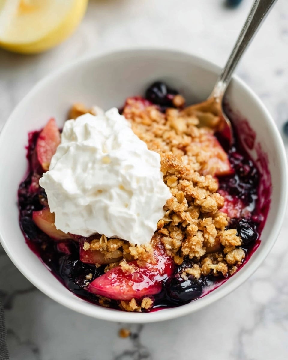 A white round pie dish holds a blueberry crumble dessert. The top layer is golden brown and crumbly, made of oats and crisp bits scattered across the surface with uneven textured clusters. Beneath the topping, a dark purple blueberry filling bubbles with glossy whole blueberries visible where a serving is scooped out from the bottom left side, showing thick juicy fruit and syrup. The dish rests on a white marbled surface with a pale pink cloth on the left and a yellow lemon and scattered blueberries on the right. A black spoon is partially stuck into the filling. Photo taken with an iphone --ar 4:5 --v 7