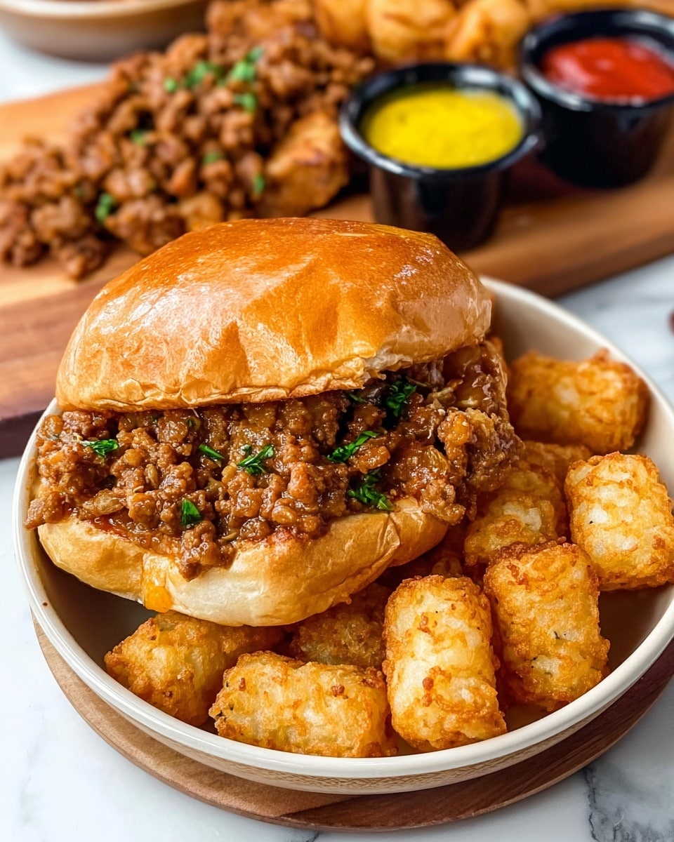 A sandwich is shown on a round white plate with light brown specks, filled with a layer of cooked ground meat mixed with green herbs on the bottom bun and topped with a golden brown shiny bun slightly tilted. Around the sandwich, there are crispy, golden tater tots arranged close to the sandwich on the plate. In the background, a silver metal bowl full of more tater tots sits on a wooden board, alongside a matching sandwich with a similar browned bun and ground meat filling. Two small black cups with yellow mustard and red ketchup are placed on the left side on a white marbled surface, with a white cloth partly visible. photo taken with an iphone --ar 4:5 --v 7
