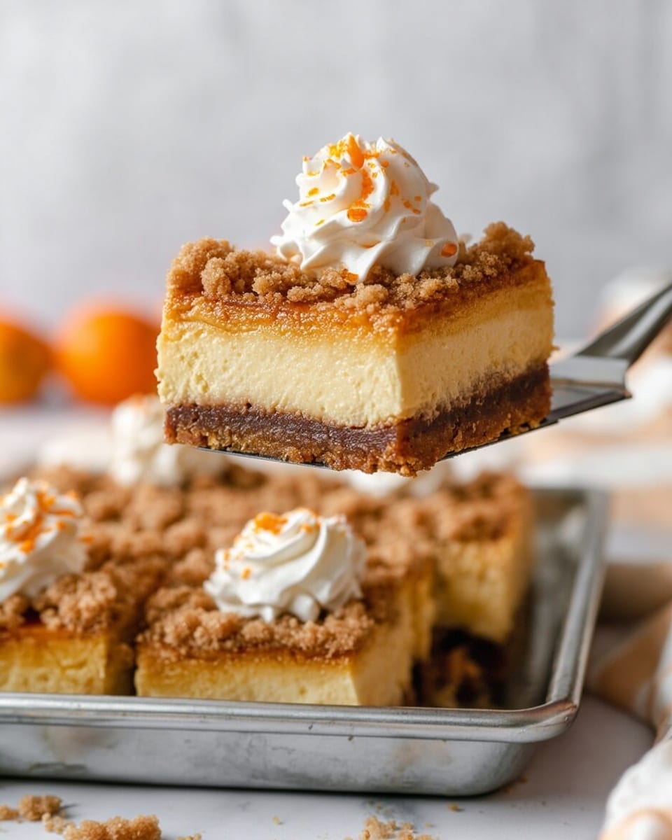 A slice of dessert with four visible layers sits on a white plate with a subtle decorative edge, placed on a white marbled surface. The bottom layer is thin and dark brown, looking firm and crumbly like a cookie crust. Above it is a thick layer of smooth, creamy light yellow cheesecake. The third layer is a golden orange cake, soft and moist in texture. The top layer is a crunchy crumb topping of darker brown bits, scattered unevenly. On top of the slice, there is a dollop of white whipped cream with smooth swirls, drizzled with shiny amber caramel sauce that trickles down the sides of the slice and onto the plate. In the background, a similar plate and a pan with more dessert are softly visible out of focus. Photo taken with an iphone --ar 4:5 --v 7