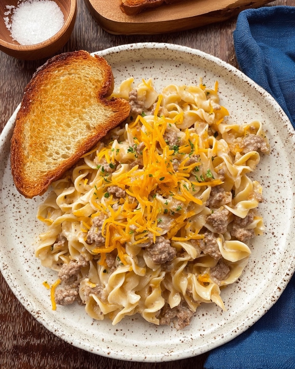 A white speckled plate filled with a mix of light yellow cooked egg noodles and small brown ground meat pieces, topped with small patches of melted orange cheese and tiny green herb bits scattered on top. The noodles have a soft, slightly curled texture, and the meat looks tender and well mixed with the pasta. The plate sits on a dark wooden surface with some cheese shreds and herb bits around it. Photo taken with an iphone --ar 4:5 --v 7
