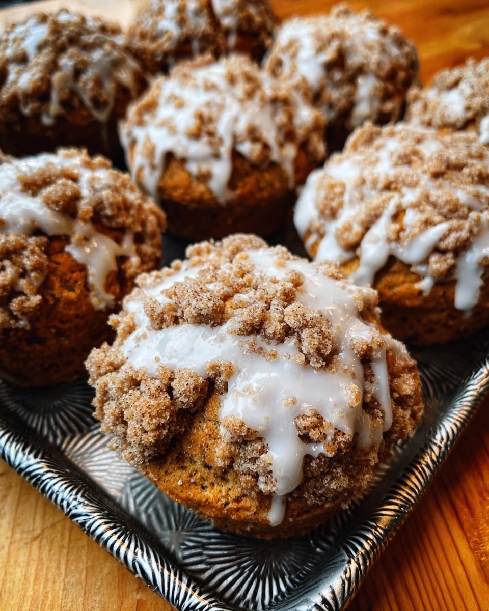 There are five golden brown muffins in a black metal muffin tray with sunburst patterns in each cup. Each muffin has a crumbly topping made of large sugar crumbs in light brown, sprinkled all over and spilling into the tray. White icing is drizzled over the crumb topping in uneven lines, giving a shiny contrast to the rough texture. The tray rests on a light brown wooden surface, but the background behind is a white marbled texture. The overall look shows a fresh, sweet baked treat, close up with clear details. photo taken with an iphone --ar 4:5 --v 7