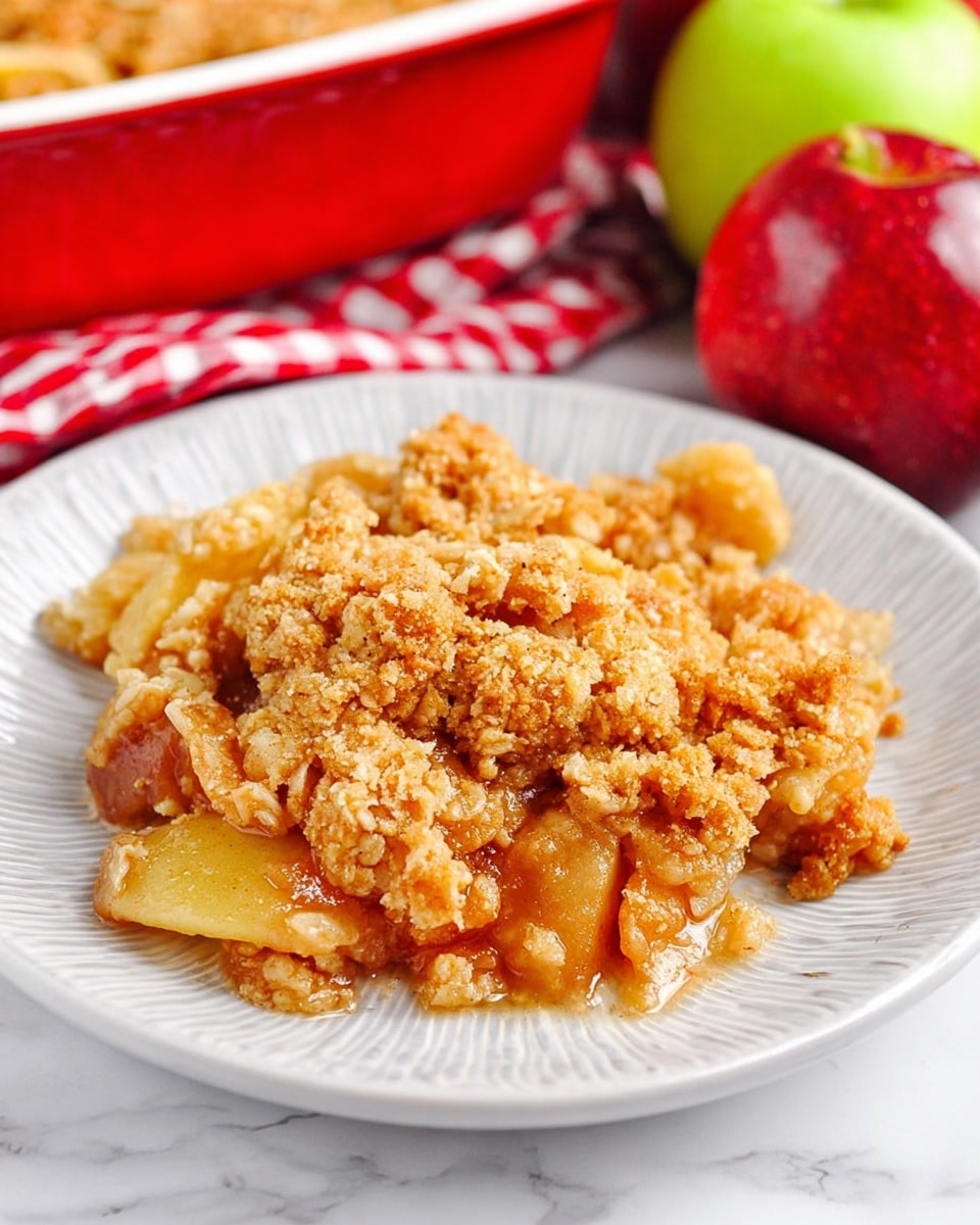 A white plate holds a warm apple crisp dessert with three visible layers. The bottom layer is made of soft, orange brown apple slices with a slightly shiny texture. On top of the apples is a rough, crumbly golden brown crust that looks crunchy. Two scoops of light yellow vanilla ice cream sit on the crust, starting to melt a little and blending slightly with the dessert. The plate is on a white marbled surface, next to a fork, a red and white cloth, a whole red apple, and a green apple. Photo taken with an iphone --ar 4:5 --v 7
