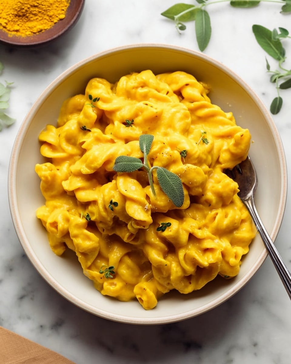 A white bowl holds a single thick layer of bright yellow-orange creamy pasta, shaped like short twisted spirals all covered in smooth sauce. On top, two small green sprigs of fresh herbs add a pop of color. A silver fork is placed on the right inside the bowl. The bowl sits on a white marbled surface with some scattered green leaves and a small part of a bowl with yellow powder in the top left corner. photo taken with an iphone --ar 4:5 --v 7