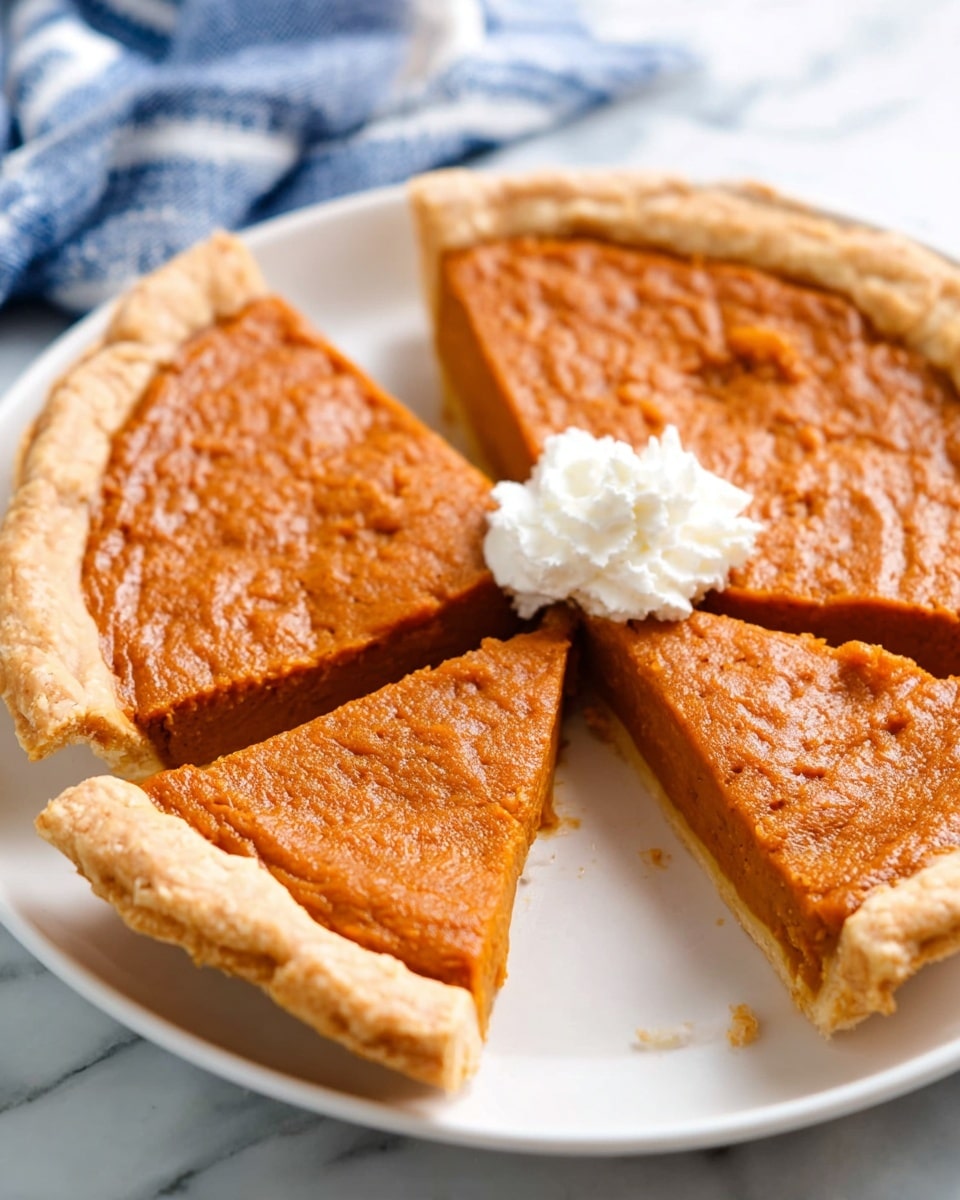 The image shows a white plate with a pumpkin pie divided into four slices. The pie has a light golden-brown crust with a slightly crimped edge. The thick filling is smooth and rich orange with a slightly textured surface. One slice is separated slightly from the rest, revealing the thick orange filling inside. On top of the pie, near the center, there is a small dollop of white whipped cream with a fluffy texture. The plate sits on a white marbled surface with a blue and white cloth in the background. photo taken with an iphone --ar 4:5 --v 7