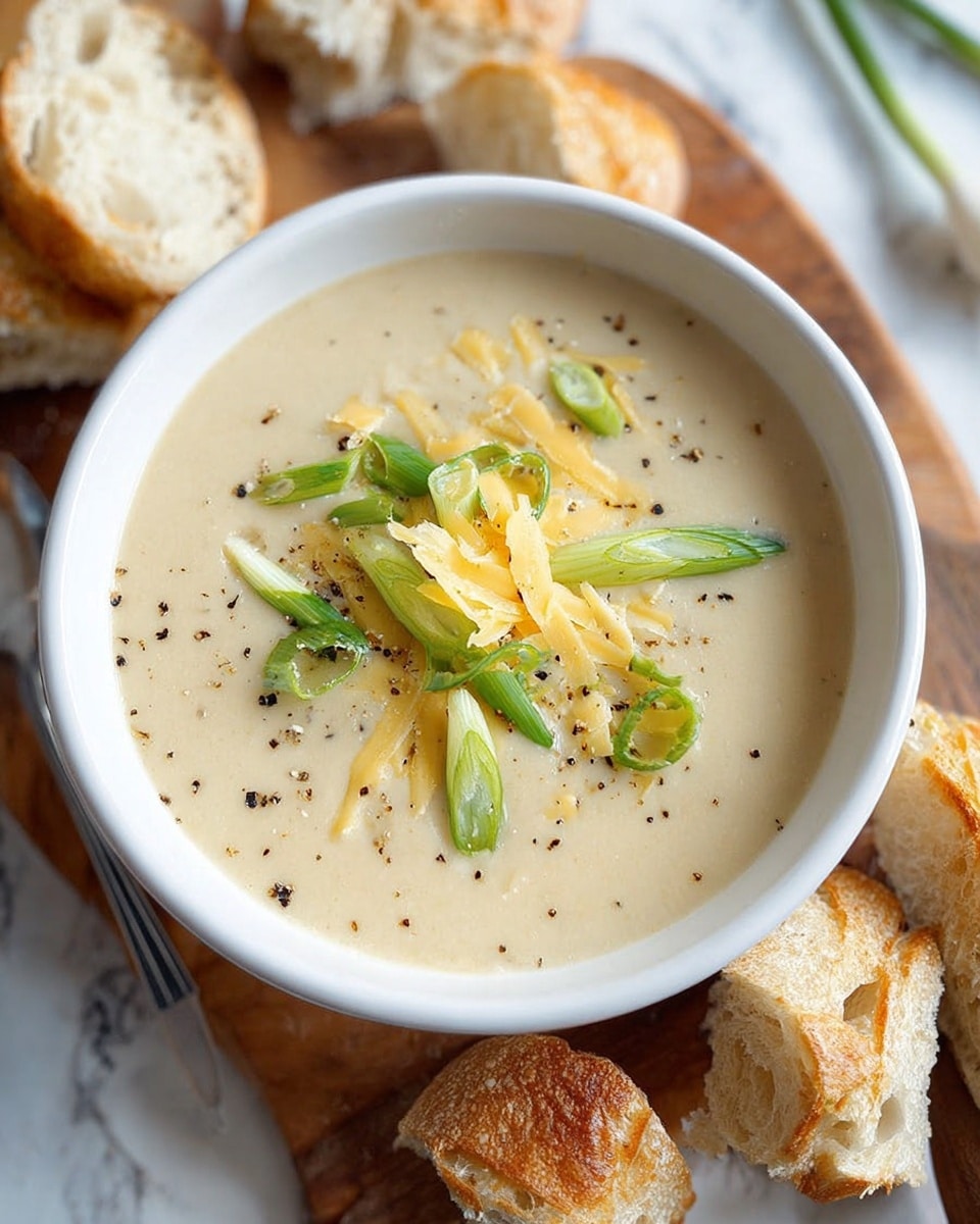 A white bowl filled with creamy pale yellow soup topped with thinly sliced green onions, small chunks of pale yellow potato, shredded light yellow cheese, and a drizzle of white cream. Tiny black pepper specks are sprinkled on the surface. The bowl is placed on a wooden board surrounded by slices of white bread with butter spread on them. The background is a white marbled surface with a textured light brown cloth nearby. Photo taken with an iphone --ar 4:5 --v 7