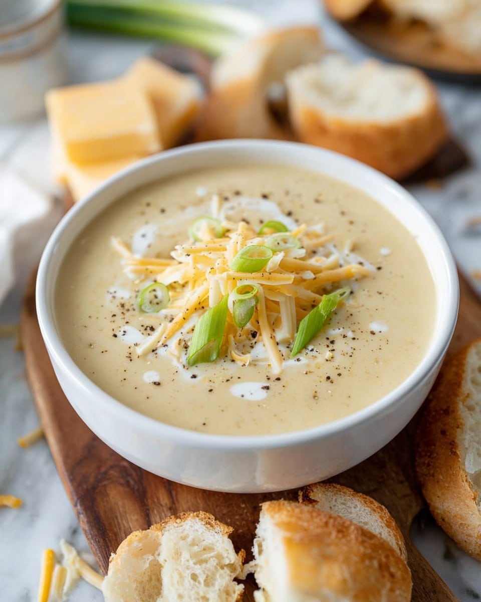 A white bowl filled with smooth, creamy beige soup, topped with thin yellow cheese shreds and bright green sliced scallions sprinkled with coarse black pepper, placed on a wooden board with pieces of buttered bread around it, all set on a white marbled surface, photo taken with an iphone --ar 4:5 --v 7