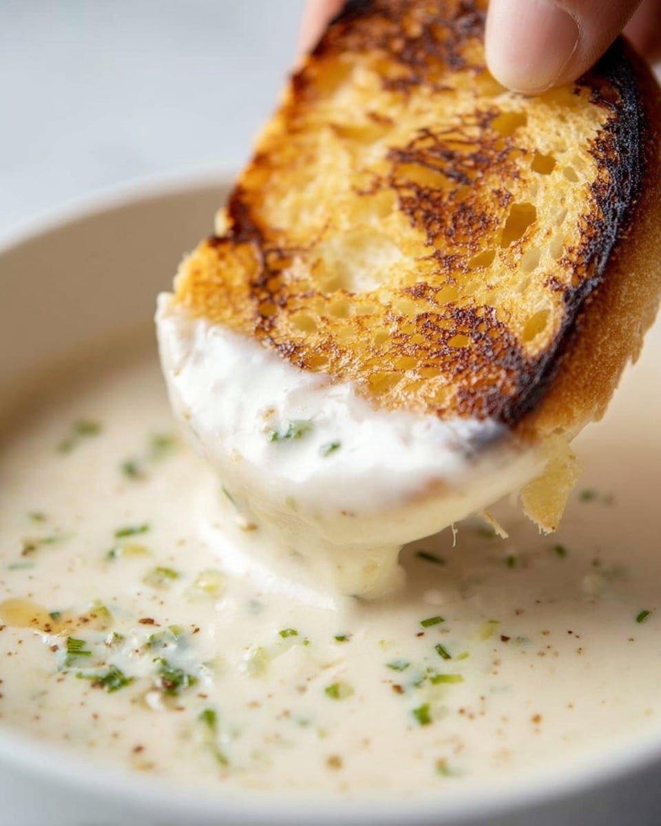 A close-up image shows a toasted golden-brown bread piece being dipped into a thick, creamy white sauce with small green herb bits in it. The sauce looks smooth and rich, filling a white bowl that sits on a white marbled surface. The toasted bread has a crisp, slightly crunchy texture with darker brown spots where it has been grilled. A woman's hand holds the bread, gently dipping it into the sauce. The focus is on the texture contrast between the bread and the sauce. Photo taken with an iphone --ar 4:5 --v 7
