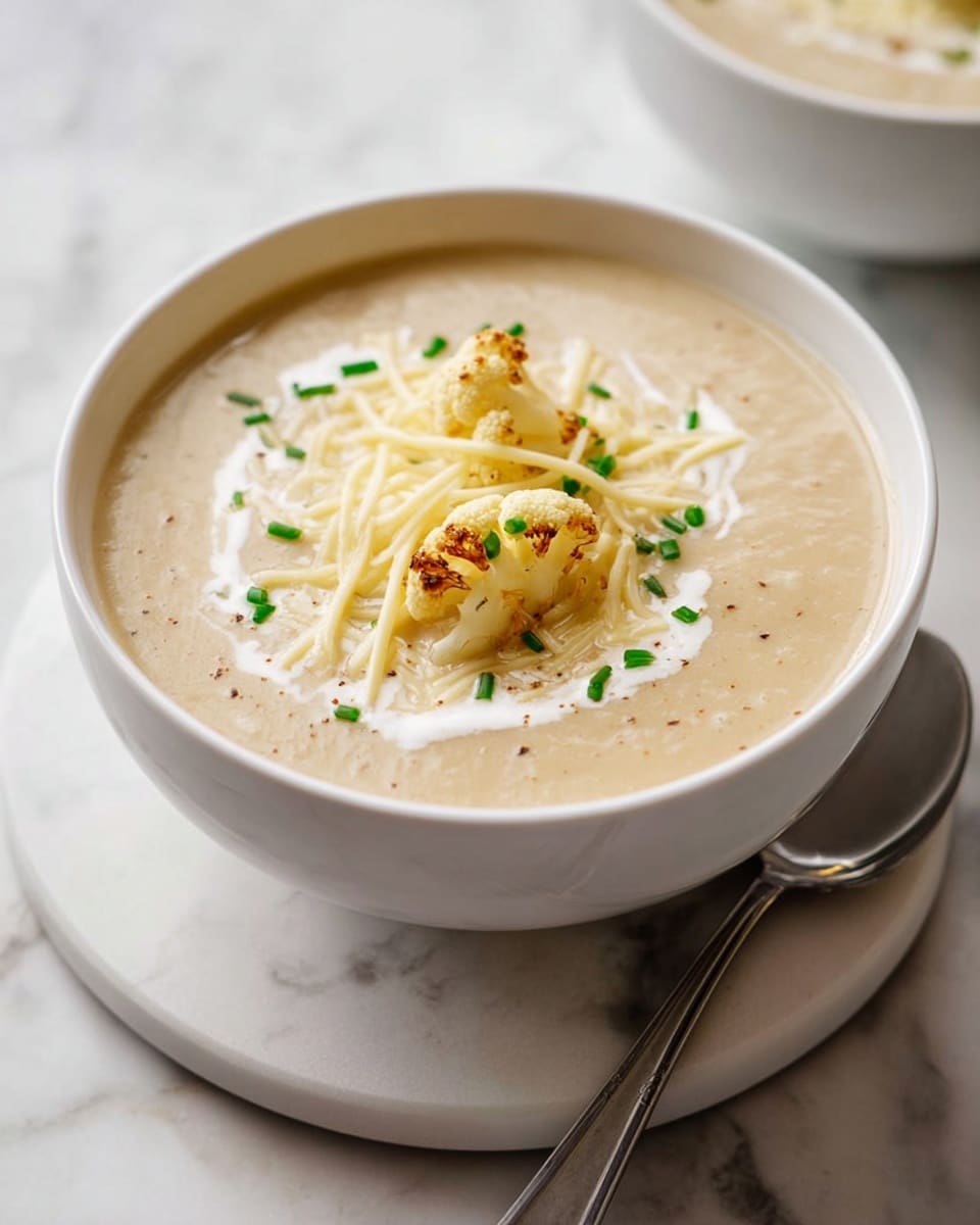 A white bowl filled with creamy beige soup placed on a round white marble plate with a silver spoon beside it, the soup has three layers: the base smooth soup layer, a middle layer of shredded light yellow cheese scattered on top, and a small amount of white cream swirled over the cheese, finished with two small roasted cauliflower pieces and tiny green chive pieces sprinkled evenly over the surface, all set on a white marbled texture background photo taken with an iphone --ar 4:5 --v 7