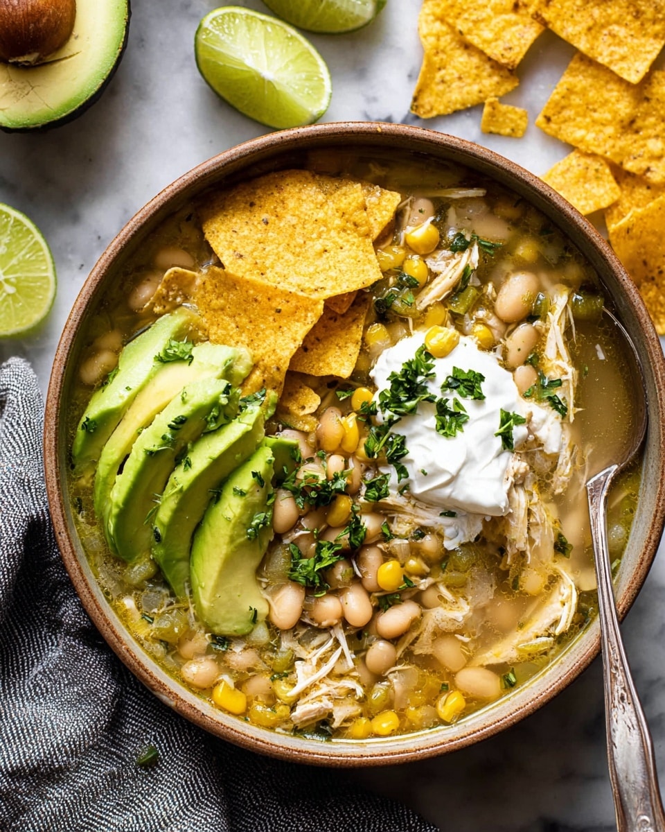 A white bowl filled with a layered chicken soup showing shredded light brown chicken pieces mixed with beige beans, yellow corn, and chopped green peppers in a light broth. On top, there are broken yellow tortilla chips scattered around, a dollop of white sour cream garnished with chopped dark green cilantro and light green onion slices. Two slices of fresh light green avocado with darker green edges rest on the side inside the bowl. A metal spoon is placed inside the bowl on the right side. The bowl sits on a white marbled surface with lime wedges and yellow tortilla chips scattered nearby. Photo taken with an iphone --ar 4:5 --v 7
