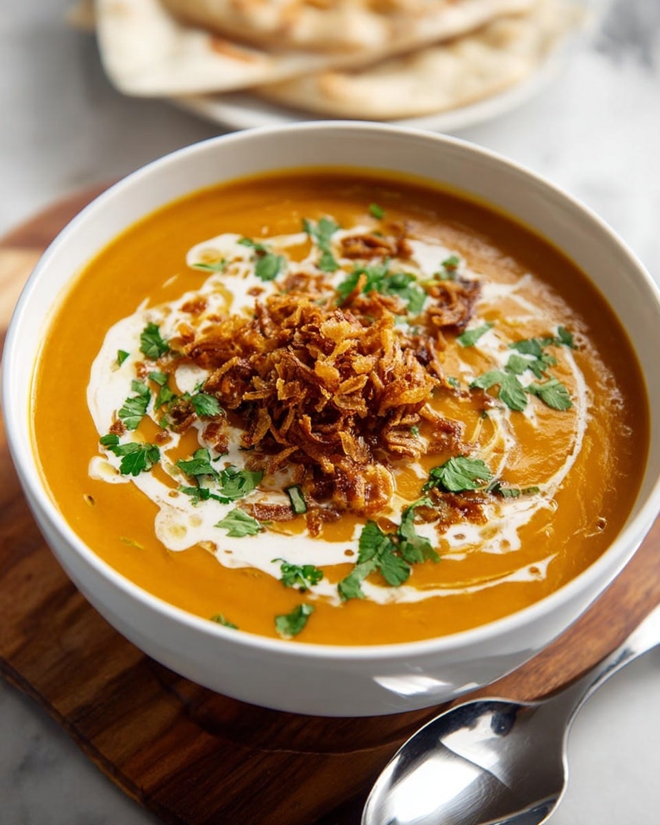 A white bowl filled with thick, smooth orange soup forming the base layer, topped with swirling white cream in an irregular pattern. On top of the cream lies a generous layer of crunchy brown fried onions scattered evenly across the surface. Bright green chopped herbs, likely cilantro, are sprinkled over everything, adding a fresh touch. The bowl sits on a lightly colored wooden board with a silver spoon and a white flatbread in the blurred background. The entire setup is on a white marbled surface. photo taken with an iphone --ar 4:5 --v 7