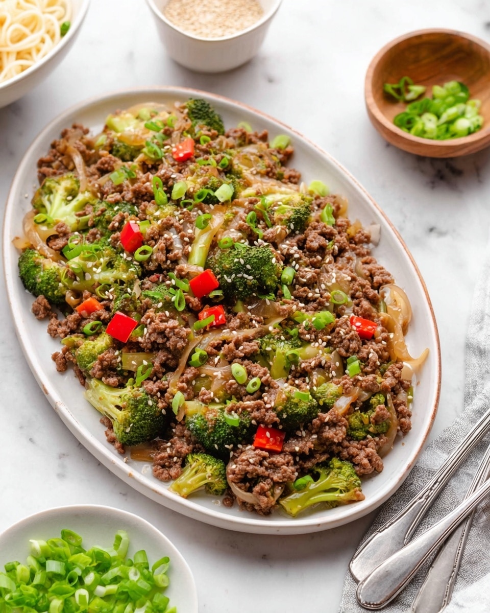 The image shows a dish of thick udon noodles mixed with pieces of cooked ground meat, bright green broccoli florets, and small red bell pepper pieces, all coated in a light sauce with visible sesame seeds scattered on top. The noodles are pale cream in color and have a smooth, slightly glossy texture. The broccoli chunks are positioned throughout the dish, contrasting with the reddish-brown meat and red peppers. A woman's hand is using light brown wooden chopsticks to lift a portion of the noodles, ground meat, and broccoli from a beige oval plate. The plate sits on a white marbled surface with some chopped green onions and sesame seeds scattered around. The overall look is colorful, fresh, and well-mixed with a slight shine from the sauce photo taken with an iphone --ar 4:5 --v 7