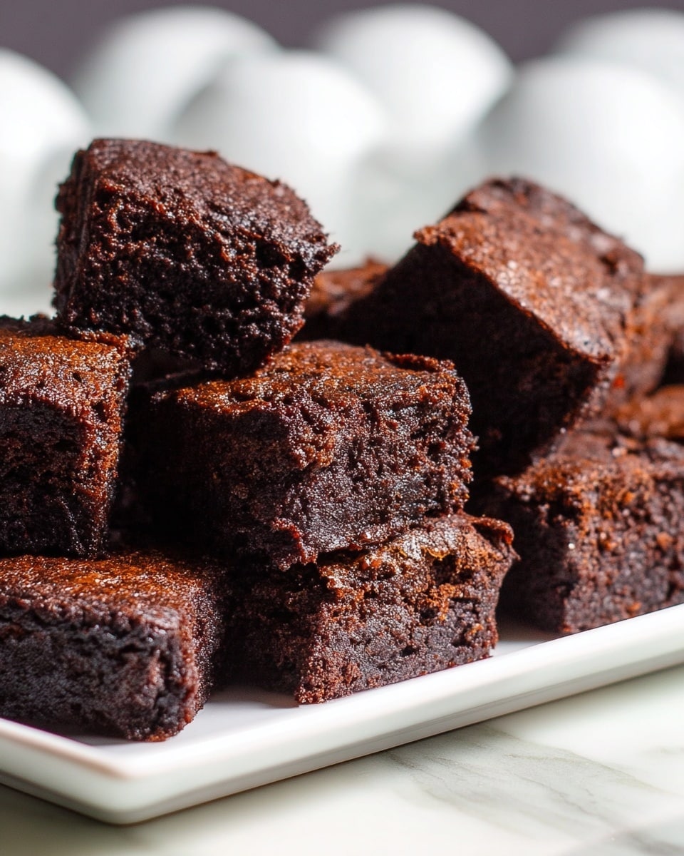 The image shows many dark brown brownie pieces stacked on a white rectangular plate. Each piece is square with a slightly rough and moist texture, with some lighter brown edges. Two of the brownie pieces are placed on top, slightly angled to reveal their rich and dense inside. The background is blurred with soft white shapes and the surface under the plate is a white marbled texture. photo taken with an iphone --ar 4:5 --v 7
