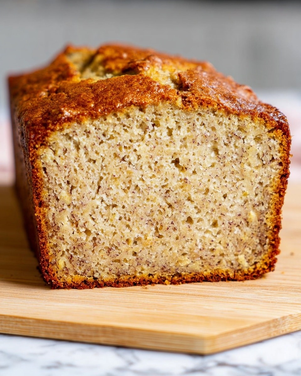 A loaf of banana bread with a textured, golden brown crust sits on a light wooden cutting board placed on a white marbled surface. The loaf is partially sliced with three thick, uneven slices laid flat in front, revealing a moist, speckled light brown inside with tiny dark flecks spread throughout. A white cloth with thin dark stripes is partially visible to the left side of the cutting board. photo taken with an iphone --ar 4:5 --v 7