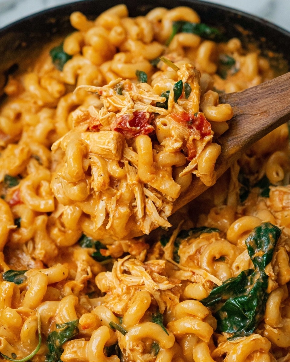 This image shows a close-up of creamy elbow pasta mixed with shredded chicken and fresh spinach leaves. The pasta and chicken are coated in a rich orange sauce with bits of red tomato visible. The spinach adds touches of dark green across the dish. A wooden spoon lifts a portion of the pasta, showing the thick sauce clinging to the pasta curves and chicken pieces. The background is a white marbled texture making the warm colors of the dish stand out. photo taken with an iphone --ar 4:5 --v 7
