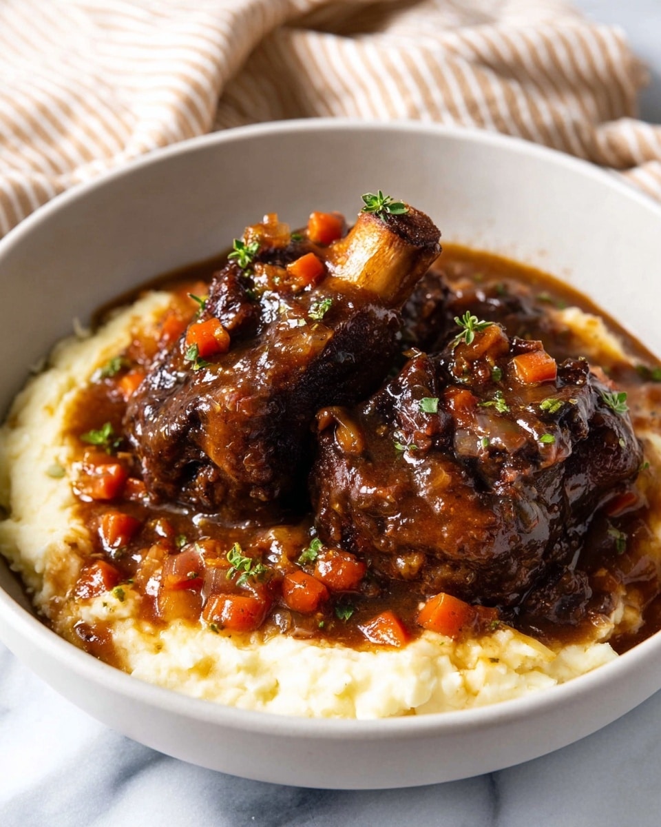 A white bowl holds three large dark brown pieces of meat covered with a thick, glossy brown sauce mixed with small diced orange carrots and onions. The meat rests on a creamy layer of pale mashed potatoes that fills the bottom of the bowl. Small bits of green herbs are sprinkled over the meat and sauce. The bowl is set on a white marbled surface with a blurred beige and white striped cloth in the background. photo taken with an iphone --ar 4:5 --v 7