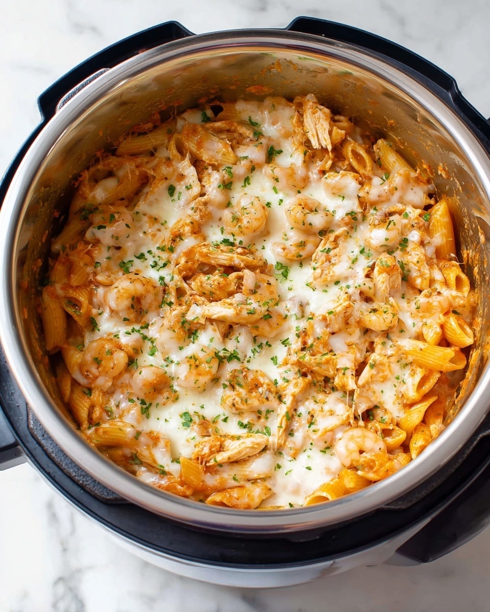 A pot filled with cooked penne pasta and shrimp mixed together in a light reddish sauce, small bits of herbs and garlic pieces scattered on top, with a silver spoon inside the pot on the right side. The dish shows a mix of pale to light orange colors from the pasta and shrimp coated in sauce, with some green herb flakes adding contrast. The pot is stainless steel inside with a black outer rim, placed on a white marbled surface. photo taken with an iphone --ar 4:5 --v 7