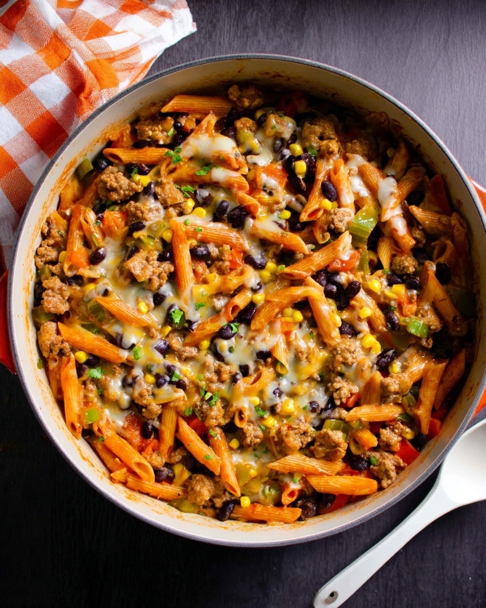A close-up top view of a large round white pot filled with a colorful baked pasta dish. The dish has three main layers: the bottom layer is red-orange penne pasta, the middle layer contains black beans and yellow corn mixed with small chunks of cooked ground meat, and the top layer has melted cheese with a slightly golden color spread unevenly over the dish. Small bits of green herbs or veggies are scattered throughout, adding pops of green. The pot is on a dark surface with a white and orange checkered cloth partially visible at the top left and a white spoon next to the pot on the right side. photo taken with an iphone --ar 4:5 --v 7