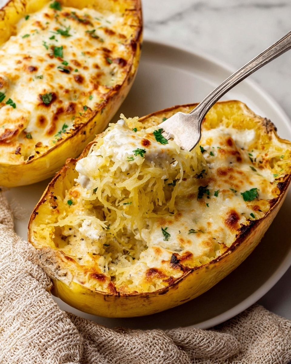 Two halves of cooked spaghetti squash serve as the base, each half filled with light yellow, slightly stringy squash flesh topped with melted, golden-brown cheese that has a bubbly texture. Small green parsley leaves are sprinkled across the cheese, adding a fresh touch. The squash halves rest in a white metal baking tray placed on a light neutral cloth, with green parsley sprigs scattered around on a white marbled surface in the background. Photo taken with an iphone --ar 4:5 --v 7
